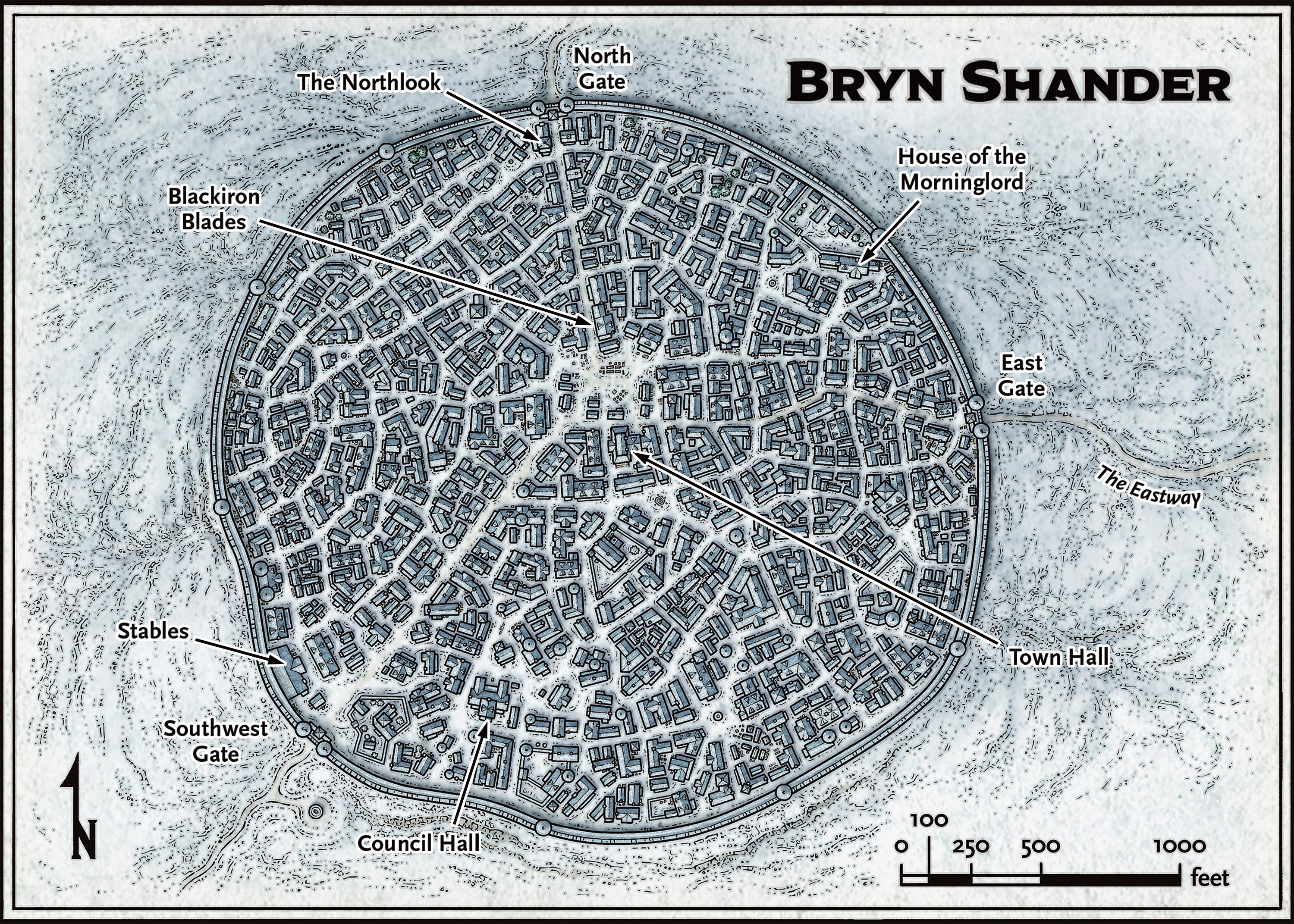 Map of Bryn Shander settlement showing town layout, streets, and notable buildings
